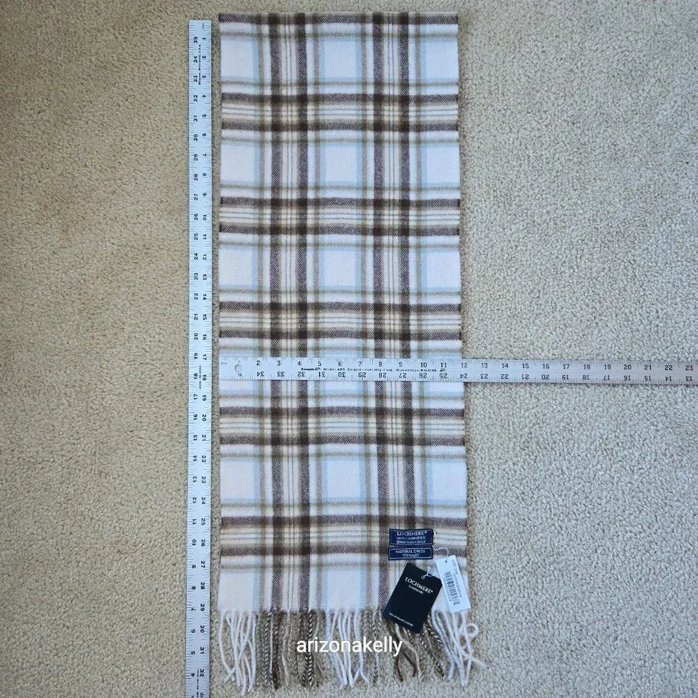 NWT Lochmere Cashmere Scarf Natural Dress Stewart Plaid Brown & Creme